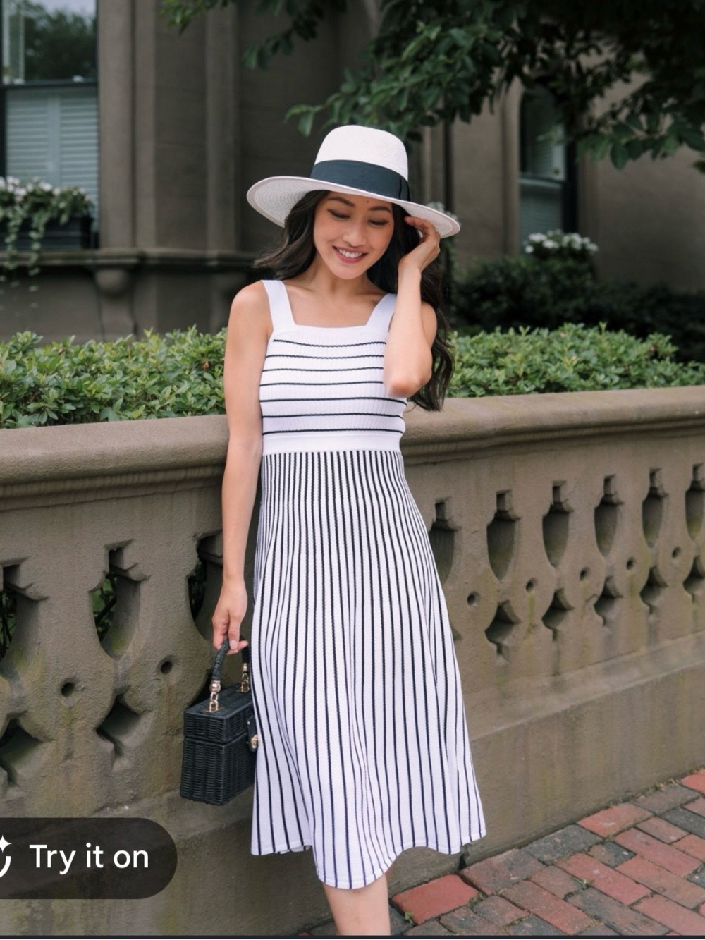 Banana Republic Sweater Knit White and Black Striped Midi Dress